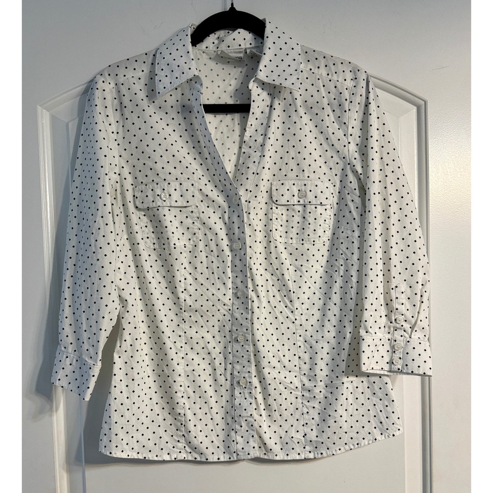 Chico's Button Down Shirt Size 0 White Black Diamond Dot 3/4 Sleeve Preppy Chic